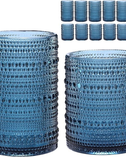 Vintage Glassware Drinking Glasses Set of 12,Blue 12oz & 15oz Hobnail Glass Cups,Embossed Water Tumbler,for Beer,Cocktail,Whiskey,Juice and Various Mixed Drinks- 1 Cleaning Brush
