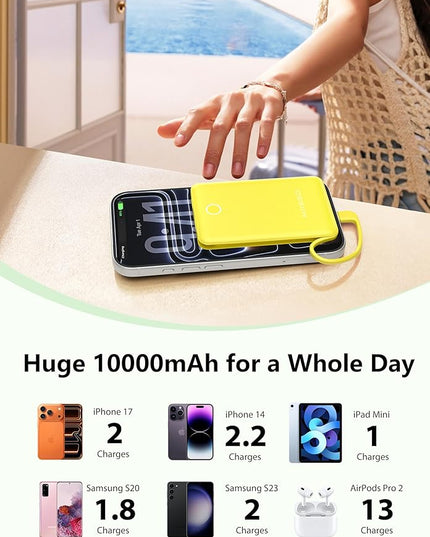 miisso 10000mAh Mini Portable Charger with Built in Cable, Pocket Size Power Bank Travel External Battery Pack for Phone, 3 Output USB Type C Cord Clutch Compatible with iPhone, Samsung, Yellow