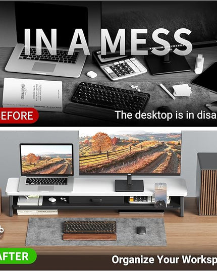 Dual Monitor Stand Riser,LED 2-Tier 39.3 Inch Computer Monitor Stand for 2 Monitors,Office Desktop Organizer with Storage Drawer and Phone Holder for Laptop,PC,Computer,Printer,Walnut