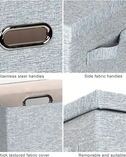 Large 17" 36 Quart Collapsible Stackable Storage Bins with Lids, 3 Packs Blue-Grey Linen Fabric Closet Boxes with Lids, Storage Cube Baskets Container Organizers for Bedroom (17x12x11)