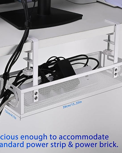 Under Desk Cable Management Tray Small – Clamp-Mounted Wire Organizer & Cord Management Under Desk Holder, No-Drill Metal Cable Tray for Home Office (White)