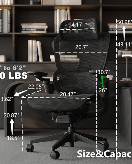 Ergonomic Office Chair, Big and Tall Home Desk Chair with Adjustable 3D Lumbar Support, 5D Armrest, 4D armrests, Mesh Computer Chair,90-130°Tilt, Model Zen (All Black)