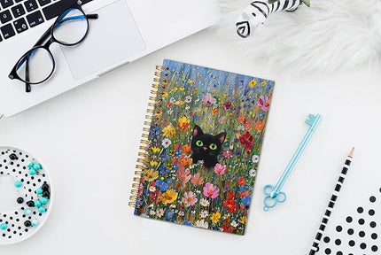 Colorful Floral Cat Spiral Notebook Journal 5.5x8.3, Gifts for Cat Lovers Women, Cottagecore Moody Black Kitten Journal for Women, Rustic Flower Journaling Notebooks