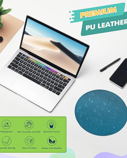 PU Leather Mouse Pad With Stitched Edge Micro-Fiber Base - Non-Slip Waterproof for Computers, Laptop - Round 9 x 9 Inch (Sapphire Blue)