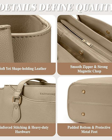 RAINSMORE Laptop Bag for Women 15.6 Inch Work Tote Bags Waterproof Computer Bags Leather Professional Laptop Purse Womens Laptop Briefcase Large Handbag for Office Teacher Travel, Beige
