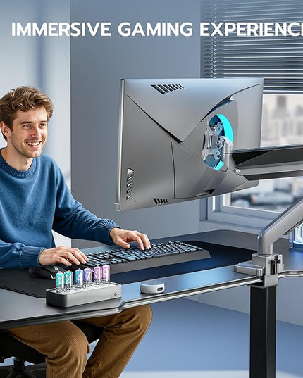 ARES WING Single Monitor Arm, Heavy Duty Adjustable Monitor Arm for 13"-49" Screens with USB, Gas Spring Desk Mount Stand with C Clamp/Grommet Mounting Base up to 40lbs Computer, Gray