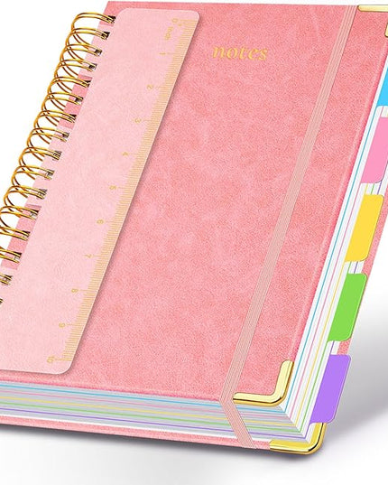 Hardcover Spiral Notebook 8.5"x11" Journal Notebook with Tabs and Removable Dividers 300 Pages 5 Subject Notebook College Ruled, Faux Leather Spiral Bound Notebook for Women School Work(Pink)