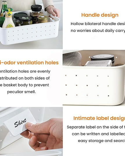 vacane 3 Pack Decorative Storage Bins with Lids, White Plastic Storage Basket for Organizing Stackable Storage Box with Handle on Closets,Classrooms,Offices