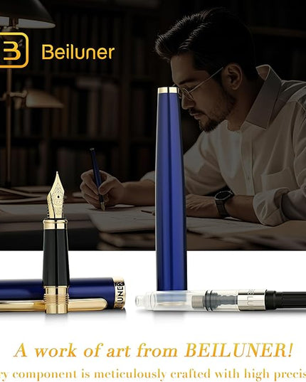 BEILUNER Blue Fountain Pen,Stunning Luxury Pens with 24K Gold Accents, Gorgeous 24K Gilded Nib(Extra Fine), Fancy Pen Gift for Men&Women -Ink Converter-Elegant, Reliable,Graduation Presents, Nice Pen