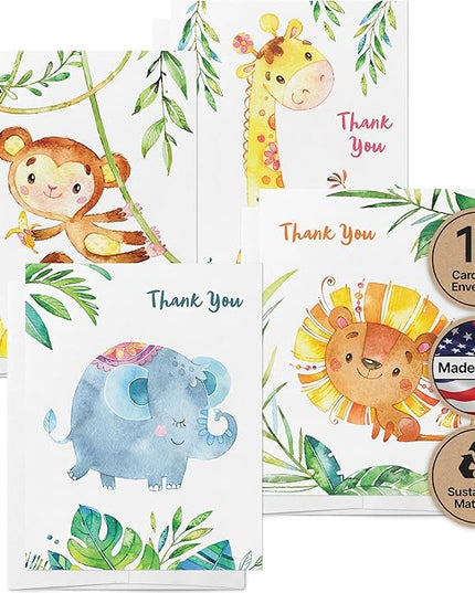 Twigs Baby Shower Thank You Cards with Envelopes - 12 Set Simple Baby Shower Cards, New Baby Congratulations Cards, Welcome Baby Card, Made in the USA - Jungle Animal Designs, 5.5 x 4.25 Inch Size