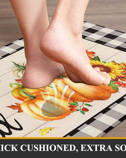 Pauwer Fall Kitchen Rugs Set of 2, Pumpkin Decorative Anti Fatigue Kitchen Mats for Floor, Farmhouse Buffalo Plaid Kitchen Mat Cushioned, Non Slip Kitchen Runner Floor Carpet Autumn Thanksgiving Decor