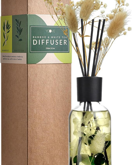 Bamboo White Tea Reed Diffuser Set - Fragrance Reed Diffusers for Home - 250ml Glass Bottle with Plant Accents, Black Reed Sticks, Dried Flowers - Aromatherapy Reed Diffuser Oil for Relaxation