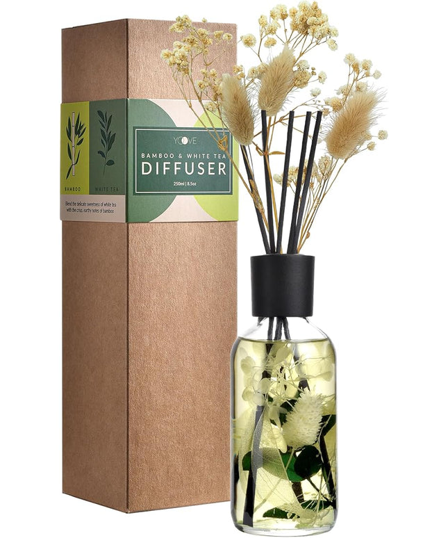 Bamboo White Tea Reed Diffuser Set - Fragrance Reed Diffusers for Home - 250ml Glass Bottle with Plant Accents, Black Reed Sticks, Dried Flowers - Aromatherapy Reed Diffuser Oil for Relaxation