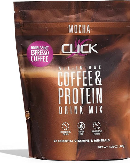 Click Coffee Protein, Protein & Real Coffee All-in-One, Meal Replacement Nutrition Drink, Mocha Flavor, 23 Essential Vitamins, Double Shot Espresso Coffee, Hot or Cold, 15.8-Ounce