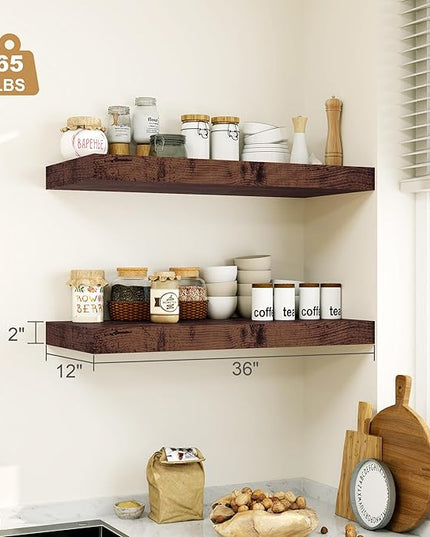 12" Deep Rustic Brown Floating Shelves,Over Toilet Long Wall Mounted Modern Farmhouse 36 inches,Wall Shelves with Invisible Brackets for Bedroom, Bathroom, Living Room, Kitchen, Set of 1