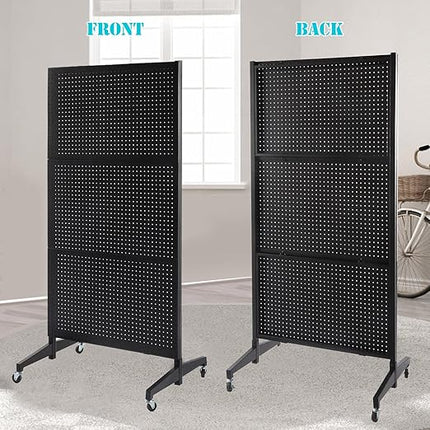 3'x 6' Pegboard Display Stand with T-Base, Metal Peg Board Display Stand with Wheel, Standing Pegboard Display with 20 Pieces Hooks, Black