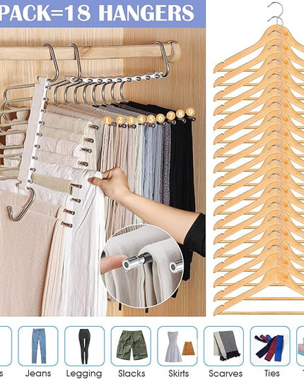 Upgrade 9 Layers Pants Hangers Space Saving, 2 Pack Multifunctional Pants Rack Non Slip Stainless Steel Clothes Space Saver Hangers Closet Organizers Storage for Pants Jeans Leggings, Creamy White