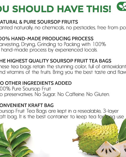 FreshDrinkUS, 60 Premium Soursop Graviola Fruit Tea Bags, 100% Natural and Pure from Soursop Fruits, Made With Natural Materials-Corn Fiber Tea Bag, Sugar/Caffeine/Gluten Free, Hoja Guanabana Tea