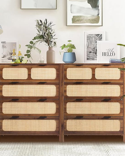 LEVNARY 4 Drawer Dresser Set of 2, Rattan Dressers Storage Cane Cabinet, Wooden Chest of Drawers Dresser for Bedroom, Entryway, Living Room (2, Walnut)