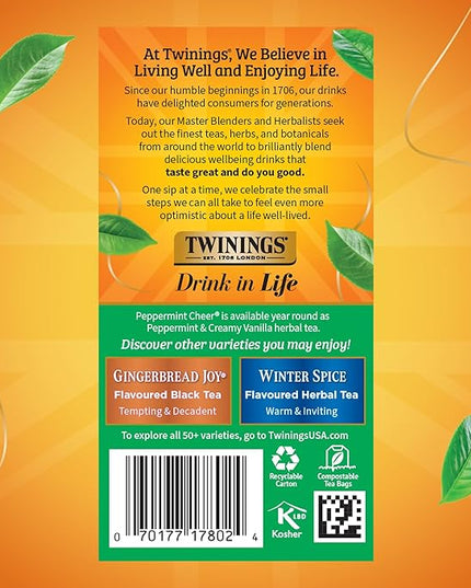 Twinings Peppermint Cheer Herbal Tea Individually Wrapped Bags, 20 Count (Pack of 1), Peppermint & Vanilla, Naturally Caffeine-Free, Enjoy Hot or Iced, 20 Teabags