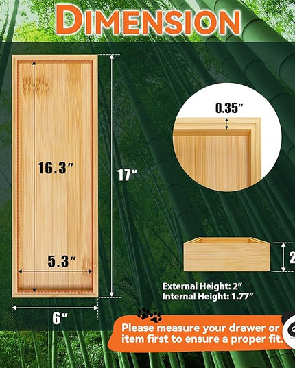 Bamboo Drawer Organizer for Kitchen & Bath, Extra Large Stackable Tray for Silverware, Toiletries & Utensils, 2 Pcs, 17" x 6" x 2" (Outer), 16.3" x 5.3" x 1.77" (Inner)