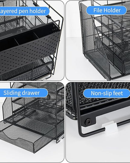OUTIOE Desk Organizer with Drawer and Pen Holder, 5-Tier Paper Letter Tray Organizer with File Holder, Suitable for Workspace Organizer Office Supplies Storage (Black)