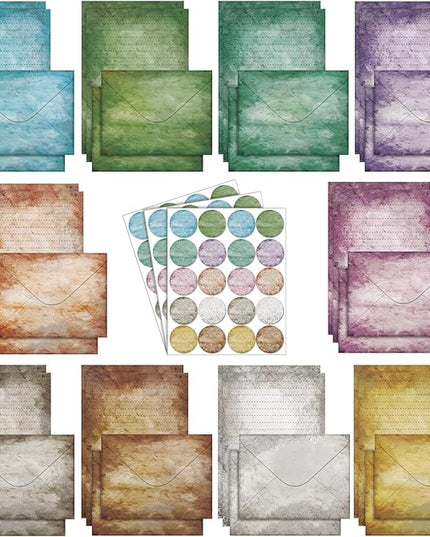 TaoBary 160 Pcs Stationery Paper Set 50 Double Sided Stationery Papers with 50 Matching Envelopes and 60 Round Dot Sticker, 10 Design (Vintage,8.25 x 5.5 Inch)
