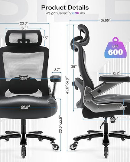 600lbs Big and Tall Office Chair- Heavy Duty Executive Computer Chair with 3D Flip Arms Large Wheels, Ergonomic Mesh High Back Desk Chair, Extra Wide Seat Adjustable Lumbar Support&Headrest