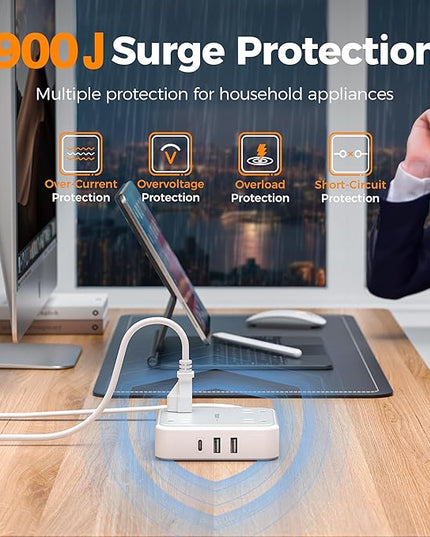 Surge Protector Power Strip, TESSAN Ring Pull Flat Plug Extension Cord 10 Ft with 3 USB (1 USB C) 4 Outlets, 900 Joules Protection, Desktop Charging Station for Home, Office, College, Dorm Room, Gray