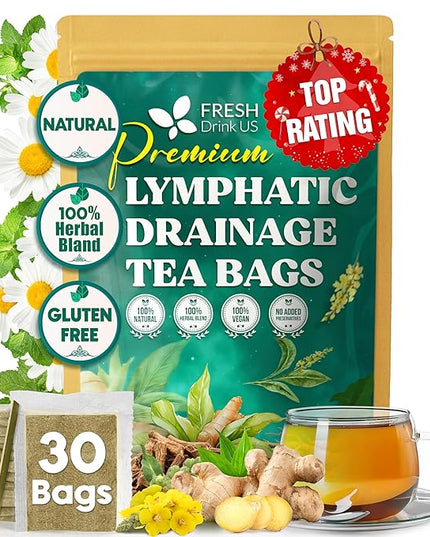 FreshDrinkUS, Lymphatic Drainage Tea | 30 Tea Bags | Herbal Tea Bags with Ginger, Dandelion Root, Burdock Root, Mullein, Calendula, Lemongrass, Rose, Licorice & Tulsi – Caffeine-Free Herbal Blend