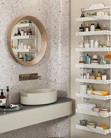 bukfen Over the Door Pantry Organizer,8-Tier Adjustable Basket Kitchen Pantry Door Organization and Storage, Heavy-Duty Metal Hanging Kitchen Spice Rack,D6.3 x W17.32 x H66.93 inch,White Marble Color