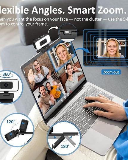 Danyesth 2K Webcam for Laptop, Computer Camera with Light for PC/Desktop/Mac [Light Your Face, Free Your Space] USB Webcam with Auto Anti-Disturb Backlight, Zoom & Flip, Privacy Cover, Microphone