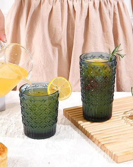Blue Drinking Glasses Set of 12, 14 Oz Highball & 10 Oz Cocktail Glasses, Blue Kitchen Vintage Glassware Set, Floral Embossed Glass Tumbler Cups for Juice, Beer, Water, Whiskey, Coffee