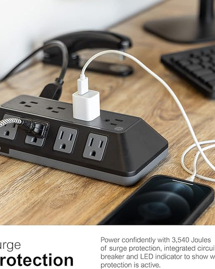 GE UltraPro Adapt 12-Outlet Surge Protector, 6ft Braided Heavy Duty Extension Cord, Flat Plug Power Strip, 3540 Joules, Black, 74542