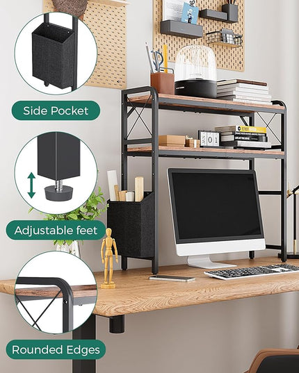 VERSASKY Desktop Shelves, Monitor Stand with Adjustable Shelves and Side Pockets, 2-Tier Desktop Bookshelf Organizer, Large Capacity Display Shelf Rack, Desk Hutch for Home Office, Rustic Brown