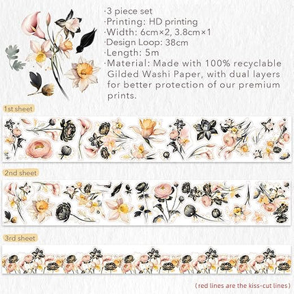 WT Auric Rose Gilded Washi Tape Sticker Set, 3 Rolls, Original Vintage Floral Decorative Masking Tape with Gold Foil, Wide Tape for Journaling, Scrapbooking, Planner, DIY Crafts & Wrapping