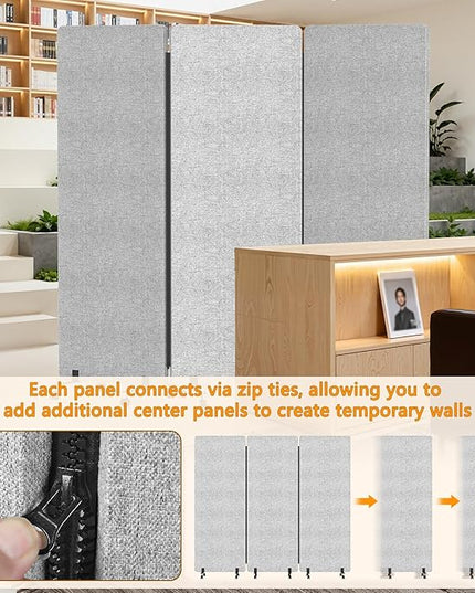 Soundproof Room Divider Panel with Wheels, 66in Portable Office Partition Screen, 3 Panel Temporary Wall Divider for Sound Proof Separation, Cubicle Privacy Panels for Desk (Light Grey)