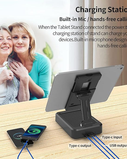 JTEMAN Tablet Stand Adjustable with Bluetooth Speakers,Kitchen Gadgets,Gifts for Women Men,Wireless Bluetooth Speaker Tablet Holder,Desk Mic Charging Sation Compatible with Phones and Tablet