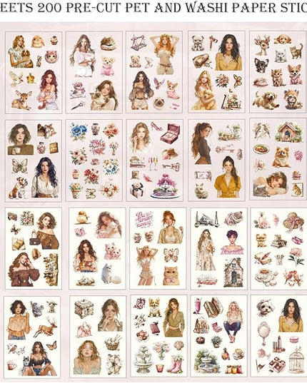 Auguro Scrapbooking Stickers 20 Sheets Pre-Cut 200 washi Stickers PET People Sticker Books for journaling Scrapbook Supplies Transparent Journal Sticker