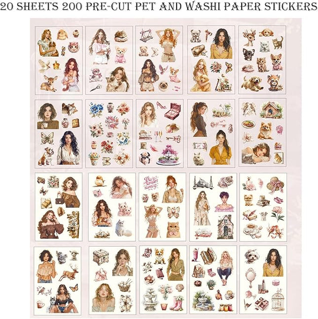 Auguro Scrapbooking Stickers 20 Sheets Pre-Cut 200 washi Stickers PET People Sticker Books for journaling Scrapbook Supplies Transparent Journal Sticker