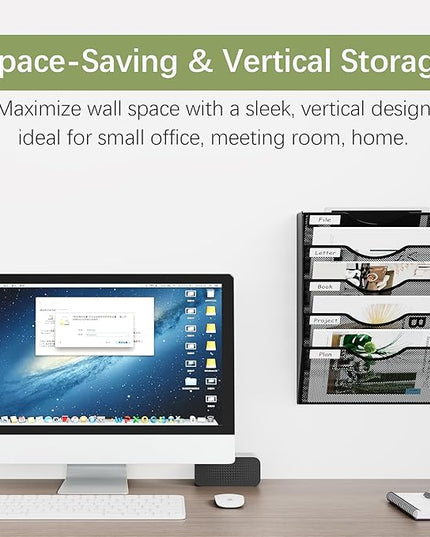 EasyPAG Hanging Wall File Organizer, 5 Pocket Wall Mounted Mail Organizer, Vertical Document Folder Holder with Nametag Label, Space Saving Paper Storage Magazine Rack for Office Home School, Black