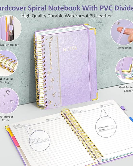 Hardcover Spiral Notebook Journal, 8"x10" Large B5 Notebooks with Removable Dividers Tabs, 300 Pages Leather 5 Subject Notebook College Ruled, Journal for Work School Note, 100 GSM Thick Paper,Purple.