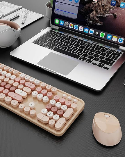 Wireless Keyboard and Mouse Combo, Ergonomic Full Size Typewriter Retro Round Keycaps Keyboard, Compatible with Windows, PC, Perfer for Home and Office Keyboards (Chocolate Color)