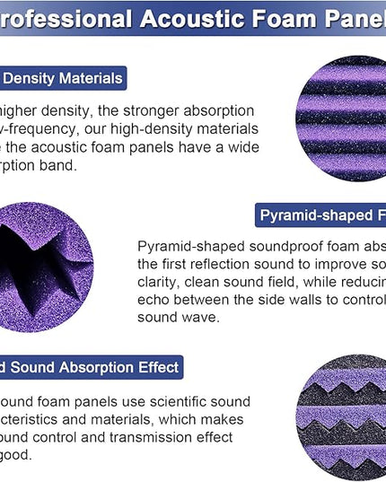 52 Pack Acoustic Foam Panels,1" x 12" x 12"Acoustic Wedge Studio Foam Sound Absorption Wall Panels (Black and purple)
