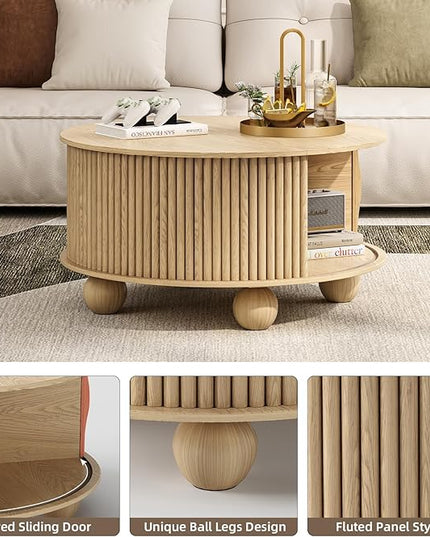 JOINICE Round Coffee Table with Storage, 31.5" Natural Oak Fluted Drum Center Table, Scandi Japandi Wood Circle Table with Sliding Door & Bun Feet for Living Room