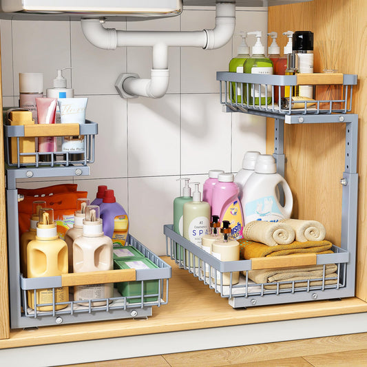 PXRACK Under Sink Organizer, Adjustable Height, 2 Tier Pull Out Under Cabinet Organizer, Slide Out Thickened Metal Under Sink Storage for Kitchen Bathroom Laundry Pantry Cabinet, Grey, Large-2-Pack