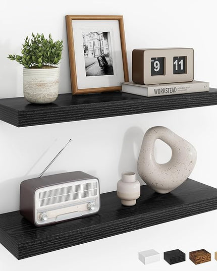 Dreamland 24Inch Floating Shelves for Wall, Rustic Wooden Black Floating Shelves for Bathroom|Bedroom|Kitchen, Deep Wall Mounted Book Shelf, Wood Storage Display Shelf for Home Decor, Set of 2