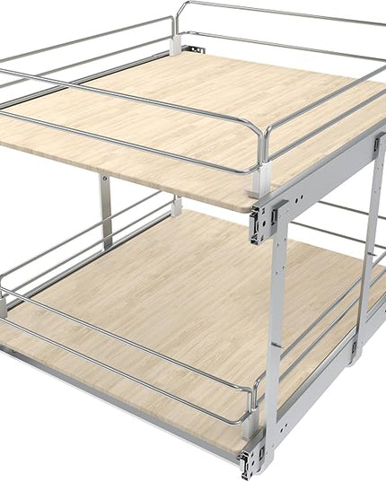 2 Tier Pull Out Cabinet Organizer 20" W X 22" D, Slide Out Drawers For Kitchen Cabinets, Pull Out Drawers For Cabinets Capacity Heavy Duty Caddy, Cabinet Pullout Shelves Wood Chrome, Pantry Storage
