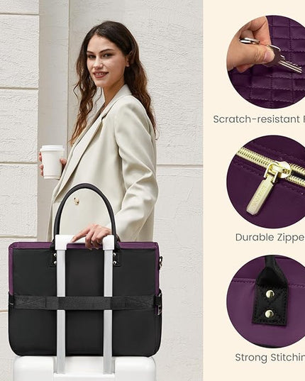 LOVEVOOK Teacher Tote Bag for Women Work, Laptop Bag Work Tote Bag Nurse Bags With Large Cup Holder, Professional Computer Briefcase Business Large Purses Handbag, Diaper Bag Mother Gift, Black-Purple