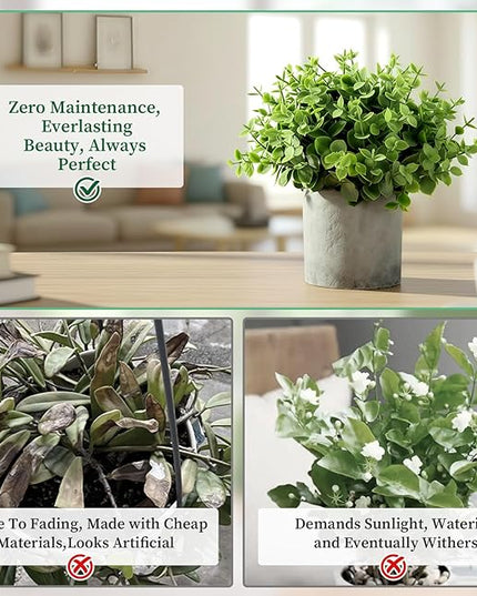 Fake Plants,5 Pack Small Fake Plants Mini Potted Artificial Eucalyptus Greenery Plastic Green Grass Plants for Indoor Outdoor,Mini Faux Plant for Shelve Desk Table Farmhouse Bathroom Shelf Decor